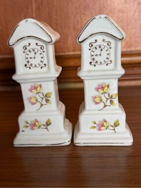 Pair Vintage Miniature Grandfather Clock Porcelain Figurines Floral Taiwan Set 2